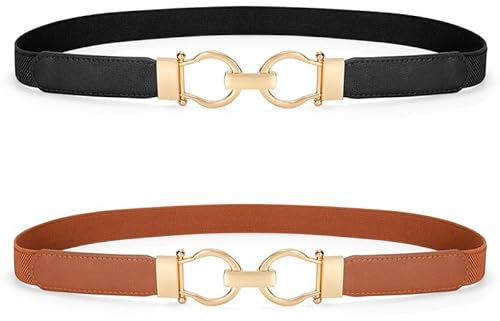JasGood 2 Stück Dünner Elastischer Taillengürtel Damen Skinny Schmaler Gürtel Damen Dehnbarer Taille Gürtel für Kleider mit Gold Schnalle,Schwarz+Braun,80cm
