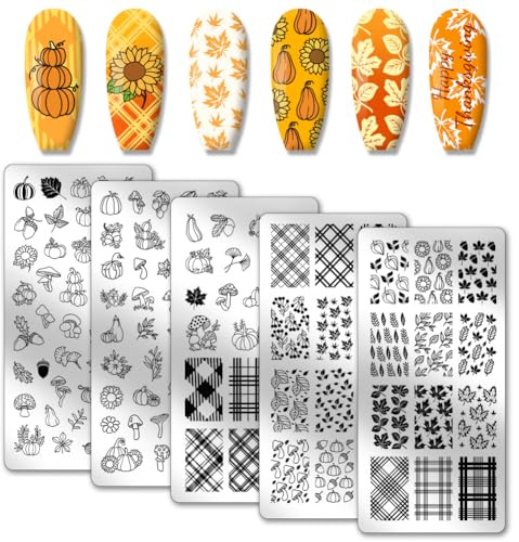 PH PandaHall 5PCS Thanksgiving Nail Stamp Plates 126 Patterns Fall Nail Arts Template Pumpkin Maple Nails Stamping Plate for Autumn Thanksgiving Day Women Nails Art Design 12x6cm