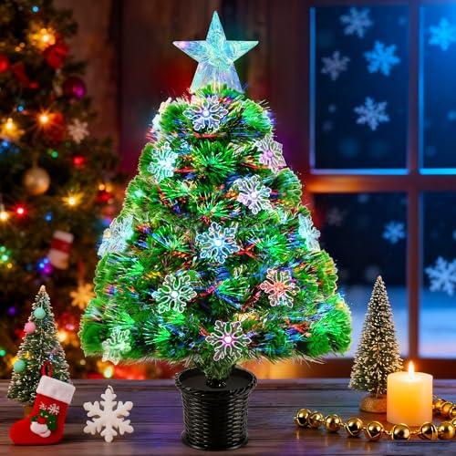 24 Xmas 56 cm Kleiner Weihnachtsbaum, künstlicher Mini-Weihnachtsbaum aus Glasfaser, Tischdekoration mit farbwechselnden LED-Lichtern, beleuchteter Stern in der Baumkrone, Kleiner Weihnachtsbaum