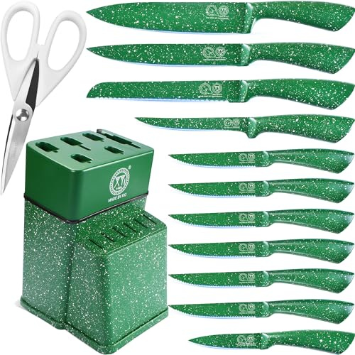 XYJ Set de couteaux avec porte-couteaux, bloc de couteaux de cuisine, ensemble de couteaux de chef japonais professionnels en acier inoxydable, couteau à steak, couteau à découper des fruits, couteau