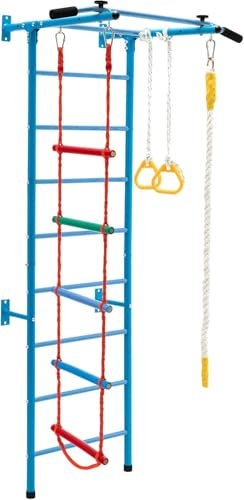 GOPLUS Juego de Escalada Infantil 5 en 1 con Anillas Gimnásticas, Trampolín Sueco y Cuerda, Centro de Actividades Multifuncional de Acero para Niños de 3+ Años, Capacidad de Carga 100KG (Azul)