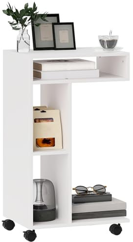 HOMCOM Beistelltisch C-Form Nachttisch mit 4 Regalen, Rollen, Couchtisch, Wohnzimmertisch Laptoptisch für Wohnzimmer Schlafzimmer 40 x 30 x 69 cm Weiß