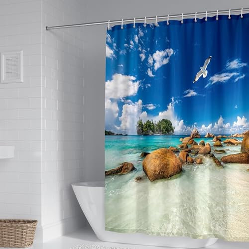 AMDXD Blau Duschvorhang Eckdusche, Polyester Badewannenvorhang Meeresufer Strand Meer, Badezimmer Vorhänge mit Duschvorhangringen, 180x200cm