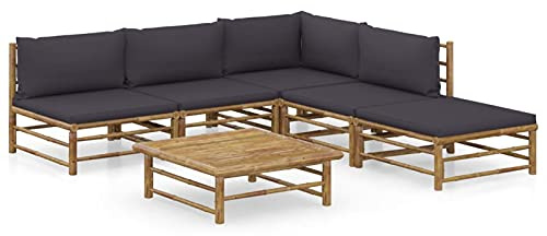 IKAYAA Gartenmöbel Set Bambus Garten Lounge Set Balkonlounge Balkonmöbel Sofagarnitur Balkon Loungemöbel Gartensofa Balkon Sofa Ecklounge mit Kissen Bambus-Dunkelgrau-6-tlg
