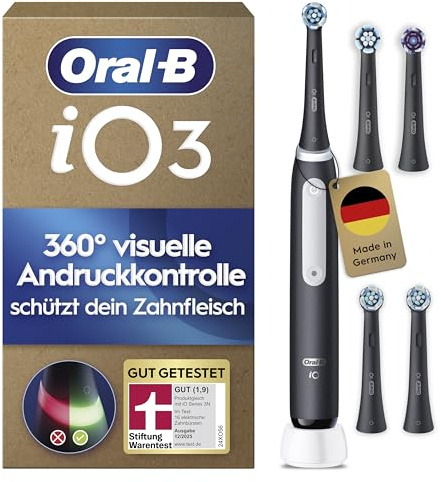 Oral-B iO Series 3 Elektrische Zahnbürste Schwarz PLUS Ausgewählte Original Oral-B iO Aufsteckbürsten Schwarz 5x
