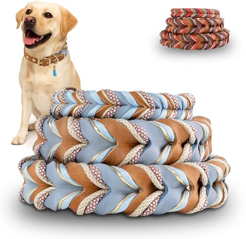 FAMBLANETIA Hundehalsband (L) Leder & Paracord geflochten | Große, mittlere & kleine Hunde | 3cm breit | außergewöhnlich, ausgefallen | blau braun Gold | weiches Fettleder | Tau handgemacht