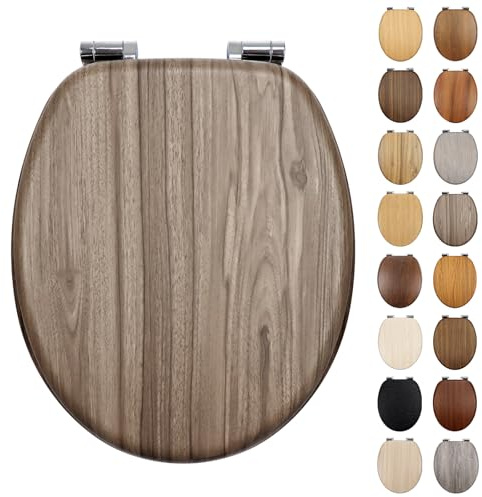 Fanmitrk Standard Wooden Toilet Seat Soft Close, MDF Adjustable Zinc Alloy Hinges with Bottom Fixture,Easy to Clean and Install for Bathroom(JHE138-1-01)