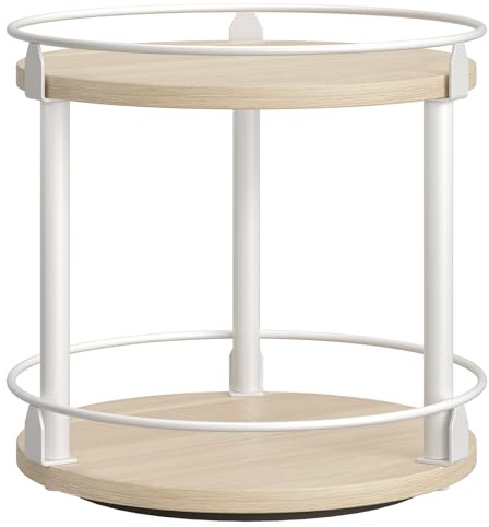 YATINEY Lazy Susan Organizer, drehbares Gewürzregal, 2 Etagen, Gewürz-Drehteller, industrieller Drehteller, Gewürzhalter, für Küchenarbeitsplatte, kompakt und vielseitig, Weiß und helle Eiche SR22WG