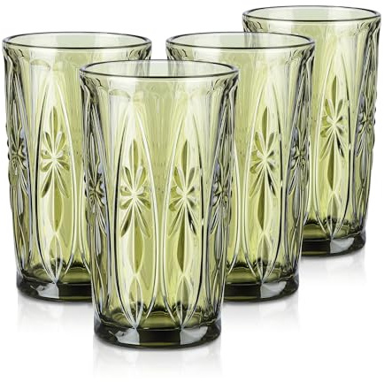 Joeyan 400ml Trinkgläser Set Bunt, Grüne Wassergläser, Vintage Gläser Set 4 Teilig, Retro Saftgläser mit Geometrisch Relief Design,Farbig Trinkgeschirr für Alltag,Büro,Outdoor, Spülmaschinenfest