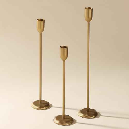 Perfnique Gold Candle Holders Set of 3 - Brass Iron Taper Candlestick Holders for Wedding, Dining Table, Party, Fireplace Mantel Decor