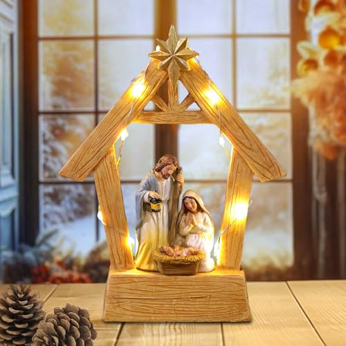 TZQFROCE Set di figure per presepe con illuminazione, presepi natalizi da interno, tavola con presepe e figure, decorazione natalizia, avvento, inverno
