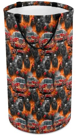 Cute Laundry Basket, Fire Truck Durable Folding Dirty Clothes Hamper with Sturdy Handles for Bedroom, Living Rooms