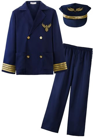 ReliBeauty Pilot Kostüm Kinder Flieger Aviator mit Pilotenmütze Kapitän Fasching,100