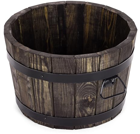 DREWDON Jardinière en bois rond 35 x H21 cm - Petit pot de fleurs en bois de pin en forme de tonneau - 11 L, marron, pour jardin, terrasse et balcon
