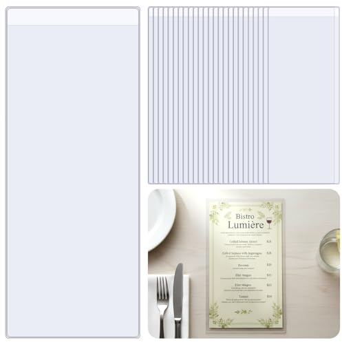 Tosstuki 25 Pcs Restaurant Menu Covers Bulk - 4.25 x 11 Clear Single Pocket 2 View Transparent Menu Sleeves Vinyl Rf Heat-Sealed Seams, Insert for Restaurants, Bars, Cafes