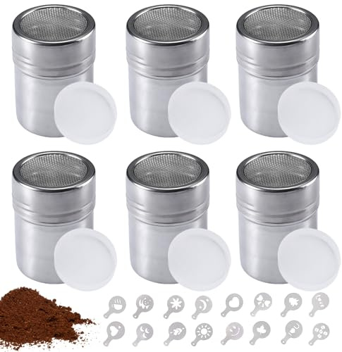 6 unidades de espolvoreadores de azúcar en polvo: para capuchino, con 16 formas de latte-art, acero inoxidable con tapa, esparcidor de cacao para chocolate, azúcar en polvo, azúcar, sal, cacao