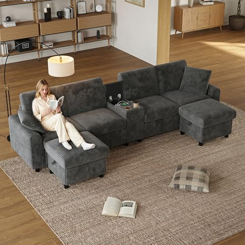 Biqzuya Sofá esquinero de 4 plazas, sofá modular con mesa central, sofá salón con pufs de almacenamiento y estaciones de carga USB/tipo-C/enchufe