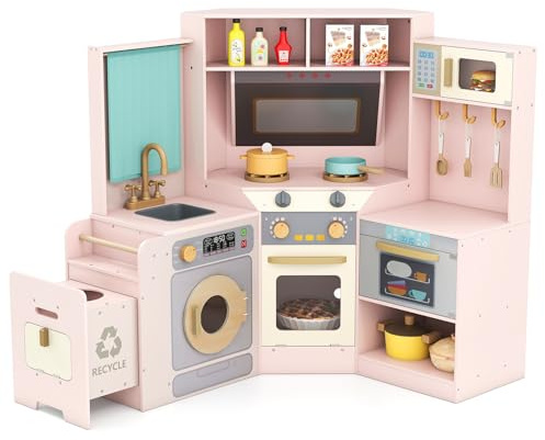COSTWAY Cucina Giocattolo Angolare in Legno, Set di Cucina Giocattolo per Bambini con Pattumiera Estraibile, Tenda, Lavandino, Fornelli, Microonde, Forno, Lavatrice, per Bambini 3+ Anni (Rosa)