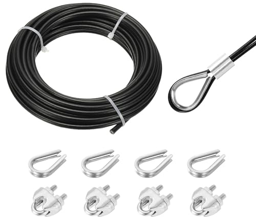 QUARKZMAN 10 Meter x 5mm Drahtseil Edelstahl, Stahlseil Spanndraht mit 4 x Drahtseilklemme und 4 x Kauschen, Edelstahlseil 304 Gardinenseil Wäscheleine für Kletterpflanzen, Schwarz