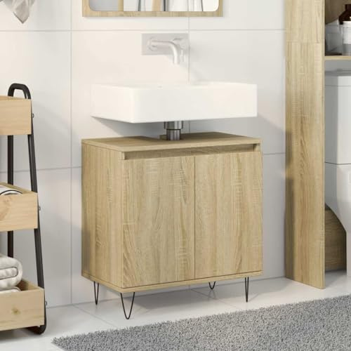 SooIarix Badskåp Sonoma-ek 58 x 33 x 60 cm, trämaterial, med dörrar och järnfötter, fuktbeständigt badrumsskåp för ordning och stil