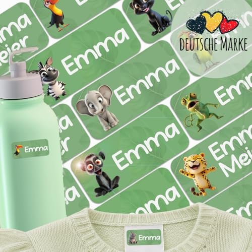 NEU Namensaufkleber Kinder (150 Stk), Kleidung & Gegenstände Namensschilder personalisiert waschmaschinenfest, Schule & Kindergarten Namensetiketten selbstklebend Dschungel-Tiere Wäscheaufkleber