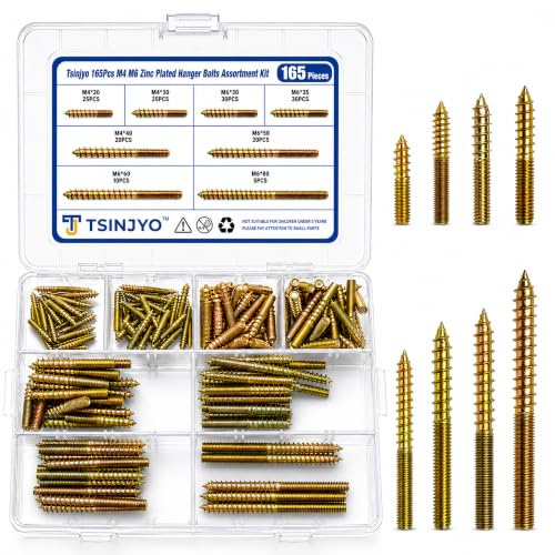 Tsinjyo 165Pcs M4 M6 Zinc Plated Hanger Bolts Assortment Kit, Double Headed Self-Tapping Thread Dowel Screws for Furniture Connecting & Fixing, Stair Post (20/30/35/40/60/80mm)