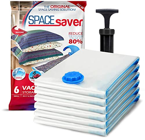 SpaceSaver Vacuum Storage Bags - Clothes Storage Bag Vacuum Pack - Space Saver Vacuum Storage Bags for Clothes Storage, Vacuum Bags for Bedding - Vacuum Bags for Clothes - with Pump (SMALL 6-Pack)