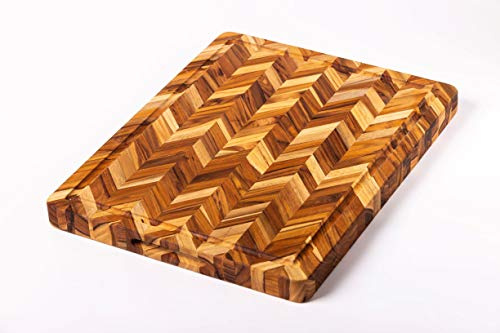 TeakHaus by Herring Cutting/Serving Board w/Hand Grips + Juice Canal (Rectangle) | 20 x 16 x 1.5 | Herringbone Knife-Friendly Natural High Oil Content Water Resistant Meat Vegetables Cheese