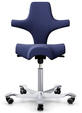 HAG Capisco 8106 Stoff Xtreme Bürodrehstuhl - Standard Gasfeder 200 mm - Sitzhöhe 47-65,5 cm - weiche Rollen (Silber, Xtreme - EXR024 Polster Navy Blau)