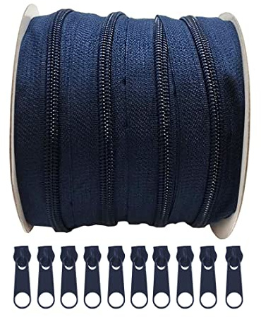 25 Metros Cremallera Continua de Nylon + 10 Cursores Libres Deslizadores de Metal para Coser, Costura, Ropa, Telas - Cremallera por Metros 5#, Azul 330