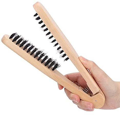 Spazzola a doppia faccia, pettine per lisciare i capelli in legno, spazzola per capelli con morsetto antistatico, piastra per capelli da parrucchiere per salone fai da te per donne e ragazze