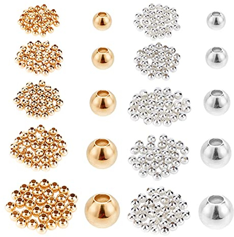 PandaHall 300pcs 5 Stil Runde Abstandsperlen, 24K Vergoldete Perlen 925 Sterling Silber Überzogene Kugel Glatte Perlen Messing Stopper Perlen Für Halskette Armband Ohrring Schmuckherstellung
