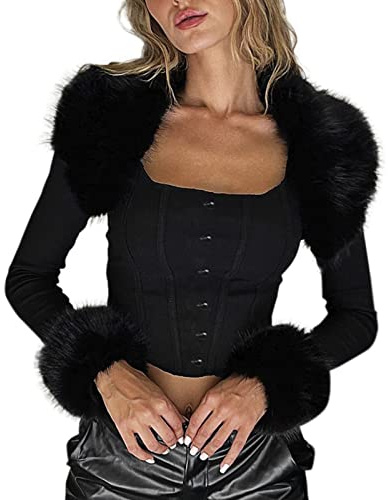 VWIWV Women Long Sleeve Crop Jacket with Faux Fur Collar Coat Outwear Lightweight Casual Jackets Clubwear