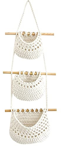 Obstkorb Hängend 3 Etagere Obst Hängekorb, Handgemachter Gewebter Baumwollfaden Geflochten Wandkörbe, Etagen Handgefertigt Korb Hängender Küche Boho Hängekörbe, Gemüse Aufbewahrung Organisation Deko