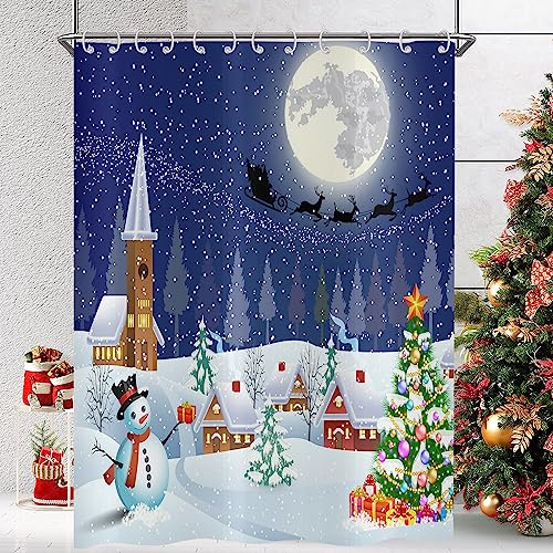 Hnmdmyi Duschvorhang Weihnachten 180x180, Winterlandschaft Mond Schneemann Xmas Baum Urlaub Blau Weiß Badewanne Vorhang Wasserdicht Polyester Stoff Waschbar Badevorhang für Badezimmer mit Haken