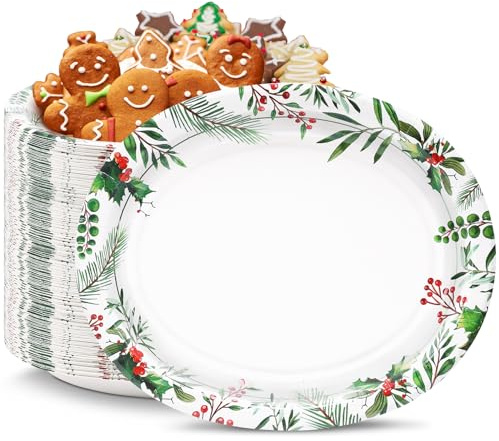 VEIZEDD 50 piatti di Natale ovali, 30,5 x 25,4 cm, resistenti, con foglie di agrifoglio, bacche rosse, per Natale, vacanze, matrimoni, decorazioni verdi e rosse per feste