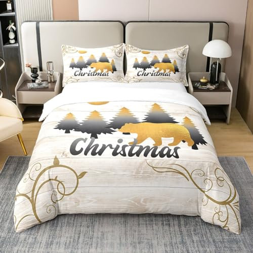 richhome Frohe Weihnachten 100% Bio-Baumwolle Tröster-Bezug Bär Wildtiere Bettbezug Set 200 x 200 mas Pine Trees Bauernhaus Bettwäsche Set mit 2 Kissenbezügen