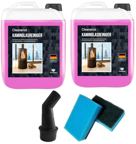 Kamin- & Ofenglas Reiniger | 2x5 Liter | Reinigungsmittel zum Entfernen von hartnäckigen Verschmutzungen auf Kamin- und Ofenglasscheiben I inkl. 1x Schwamm & Ausgießer