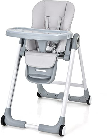COSTWAY Chaise Haute Bébé Pliable, Chaise d’Alimentation Portable pour Tout-Petits avec Double Plateau, Siège Enfant avec Hauteur/Dossier/Repose-Pieds Réglables, 6-36 Mois, Charge 15KG, Gris
