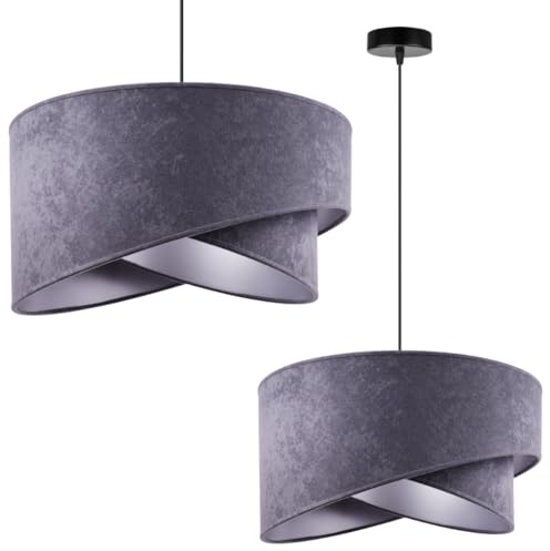Light-Home Milan Elegant Hängelampe - Modern Deckenlampe für Wohnzimmer Schlafzimmer und Esszimmer - Designer Pendelleuchte aus Metall mit Lampenschirm aus Velours - Dunkelgrau und Silber