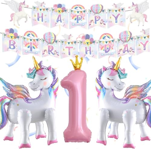 3D Einhorn Luftballons 1 Jahre, Einhorn Folienballon mit Einhorn Ballons Geburtstag Nummer 1 Ballon Happy Birthday Girlande, Einhorn Luftballons Geburtstag 1 Jahre für Mädchen Geburtstags Party