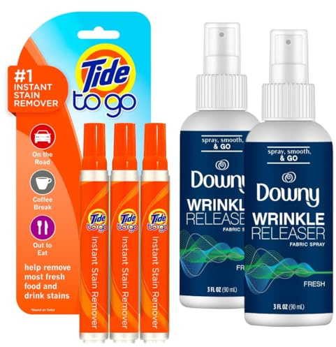 Tide To Go flytande fläckborttagningspennor x 3 + dunig rynkfrigöringsspray plus x2 – kompakt resestorlek tygfräschare och omedelbar fläckborttagningspennor för kläder, perfekt för fläckborttagning på