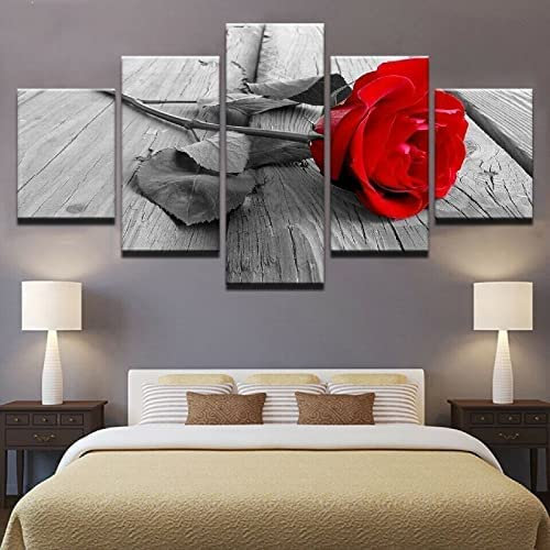 Kunstdrucke Gemälde 5 Teilig Leinwand Drucke,Wand Für Zuhause Malerei Wohnzimmer Wohnung Deko Modulare Bilder Rote Rose Romantik Hd Gedruckt Poster 125 X 60 Cm Schlafzimmerbürohotelwandkunstf -1J4B-Y5