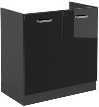 Vicco Spülenunterschrank R-Line, Schwarz Hochglanz/Anthrazit, 80 cm, AP Eiche