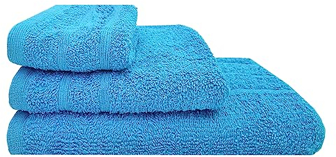 Acomoda Textil – Juego 3 Toallas de Baño 100 Algodón. Pack 3 Toalla Rizo con Cenefa 450 gr/m2, Toallas de Ducha, Lavado y Bidet Absorbente y Suave Pasa Aseo y Gimnasio. (Azul)