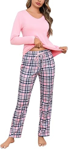 Litherday Pyjamas, dam, lång pyjamas, bomull, pyjamas-set, långärmad, nattkläder, set, tvådelad med dam, pyjamasbyxor och skjorta, ledig, elastisk midja, sovkläder, ROSA, L