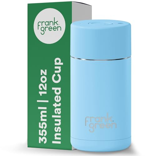 frank green Insulated Travel Mug for Cold Or Hot Drinks - 355ml/12oz Reusable Coffee Cup with Push-Button Lid, Ceramic Lined, Triple Wall Vacuum - Sky Blue