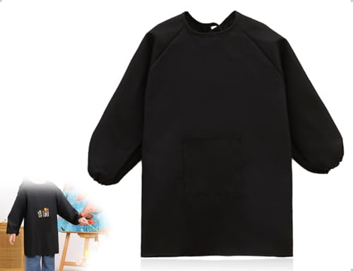 AOYEGIC Malerkittel Kinder,Wasserdicht Malschürze,Bastelschürze,Malkittel,Kochschürze,Schürze mit Ärmeln und Taschen,für Basteln Malen Backen Kochen in Schule Haushalt(Schwarz)