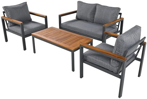 Loungeset, Gartenmöbel-Set mit Rahmen aus verzinktem Stahl, Breites Set, 4-teiliges Esstisch-Set, 1x 2-Sitzer-Sofa, 2x Einzelstühle, 1x Tisch , Akazienholz Tischplatte und Armlehnen (Grau)