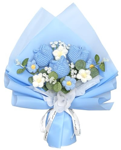 Dremisland Crochet Flowers Bouquet Handmade Knitted Flowers Crochet Tulips Bouquet with Eucalyptus Artificial Floral Arrangement Crochet Kits for Mom Birthday Anniversary Wedding Homecoming Gifts